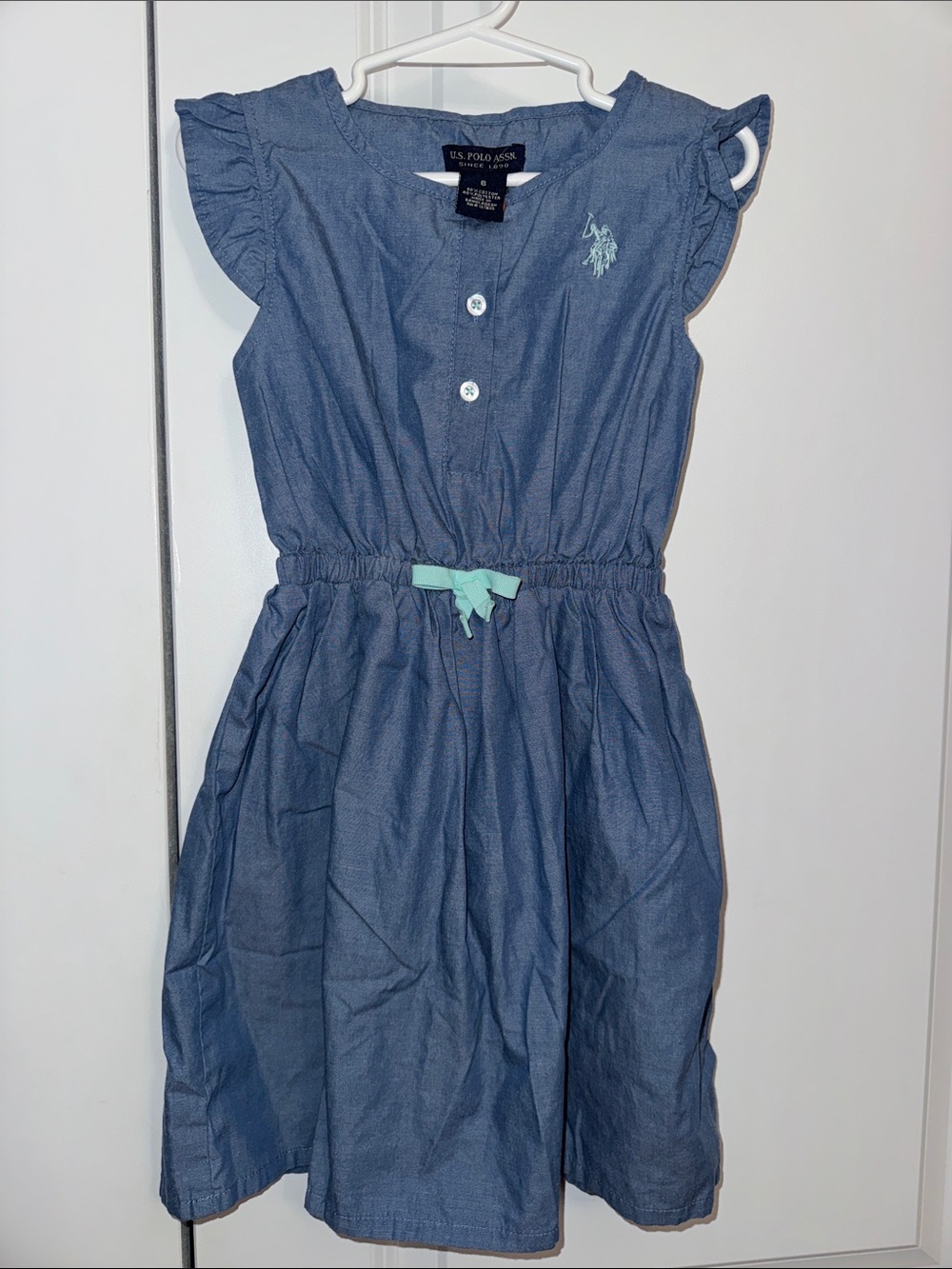 U.S. Polo Assn. Girls' Chambray Blue Dress with Mint Bow NWOT